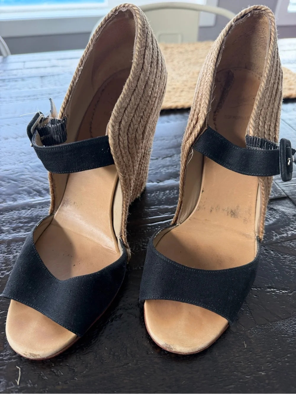 Christian Louboutin Black Canvas and Natural Espadrille Wedge Sandals